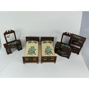 5 PIECE Vintage Renwal Stenciled Brown Dollhouse Bedroom Furniture Floral Flower